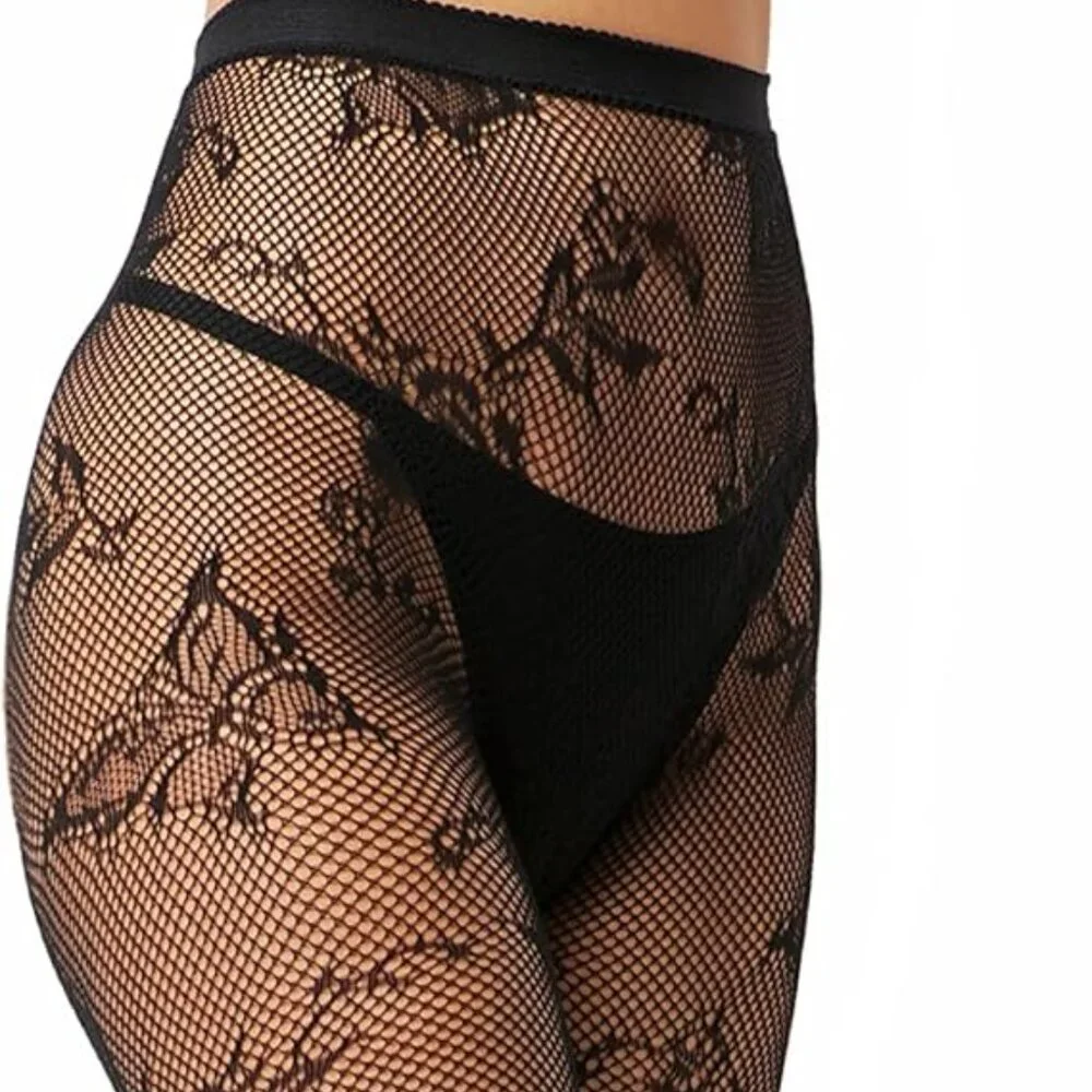 Black Fishnet Tights with‎ Butterflies New Size Large/XLarge